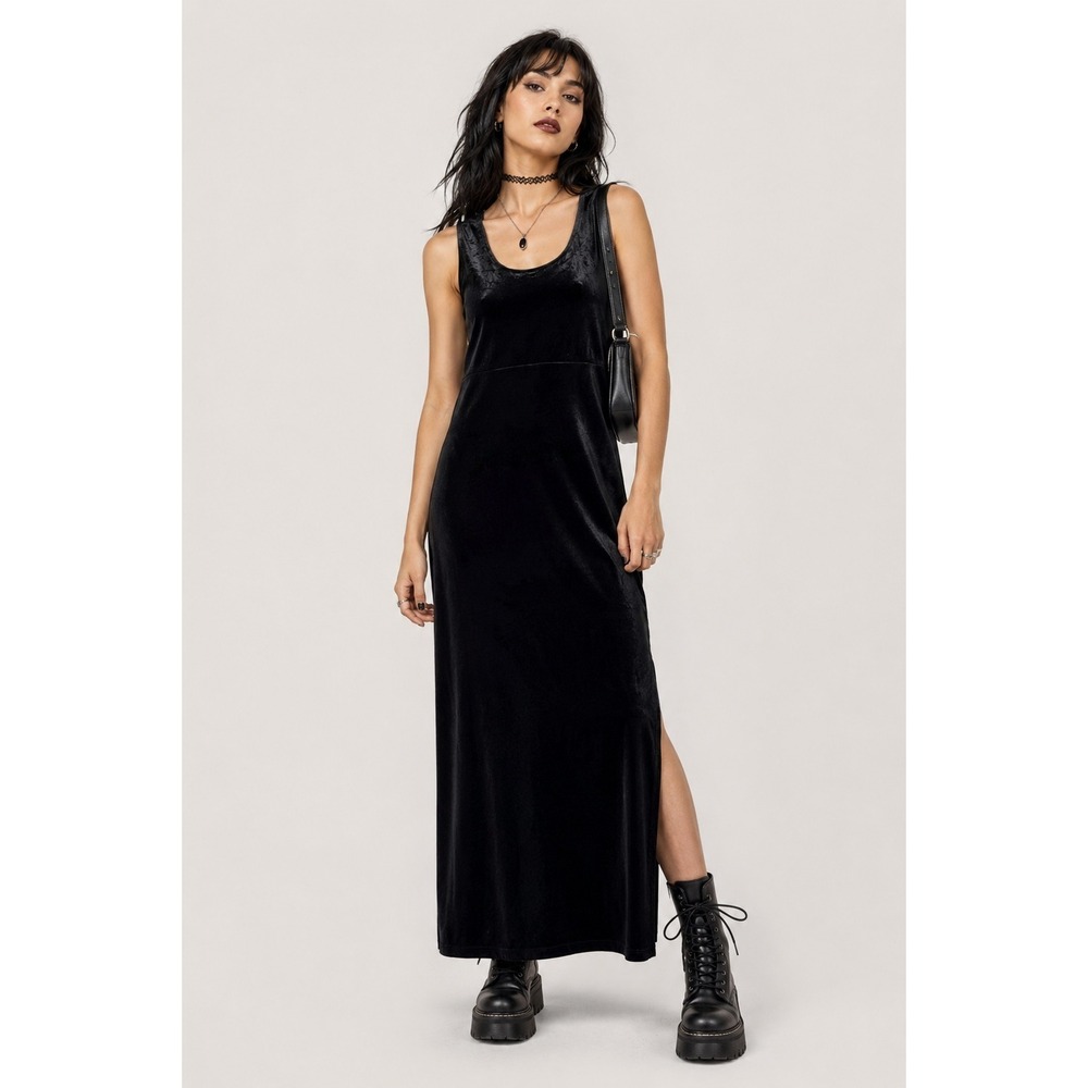 90s Black‎ Velvet Maxi Dress Gothic Minimalist Side Slit Sleeveless Size 8